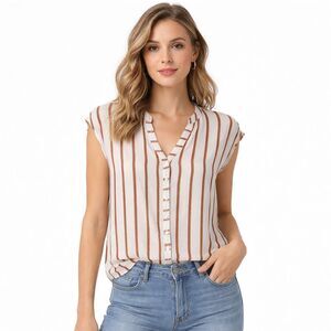Torrid Blouse Womens L Plus White Stripe V Neck Button Cap Sleeve Made In USA